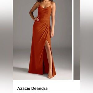 Azazie bridesmaid dress in terracotta color.